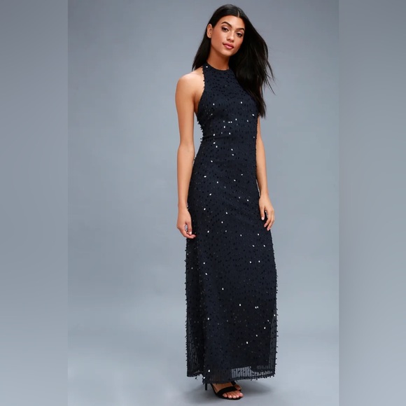 Lulus Cielo Navy Blue Sequin Halter Maxi Dress in Medium - Picture 3 of 10